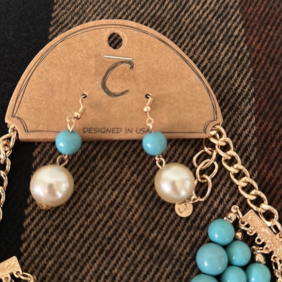 Multi Strand Pearl/Turquoise Necklace and Earrings Set NWT - Picture 4 of 6